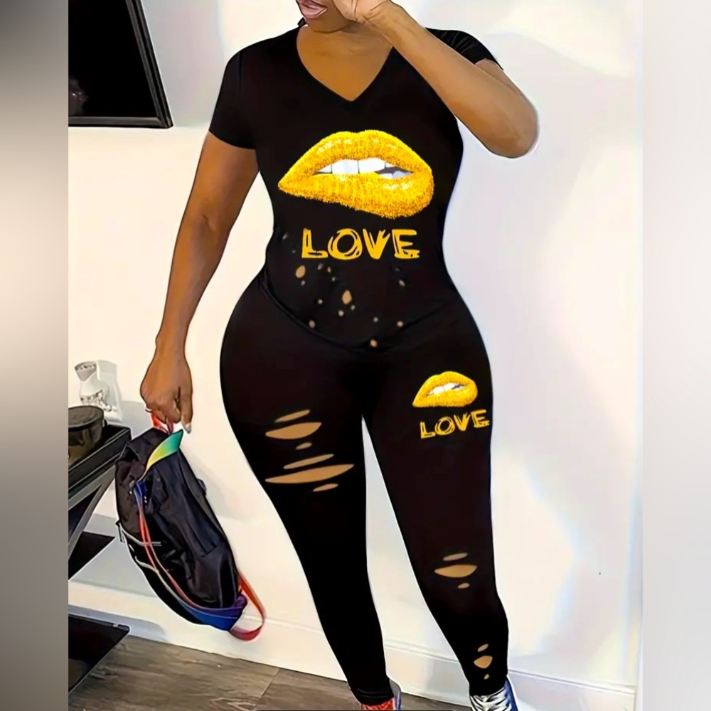 Love & Lip Print Casual Summer & Spring Two-piece Pants Set 5XL